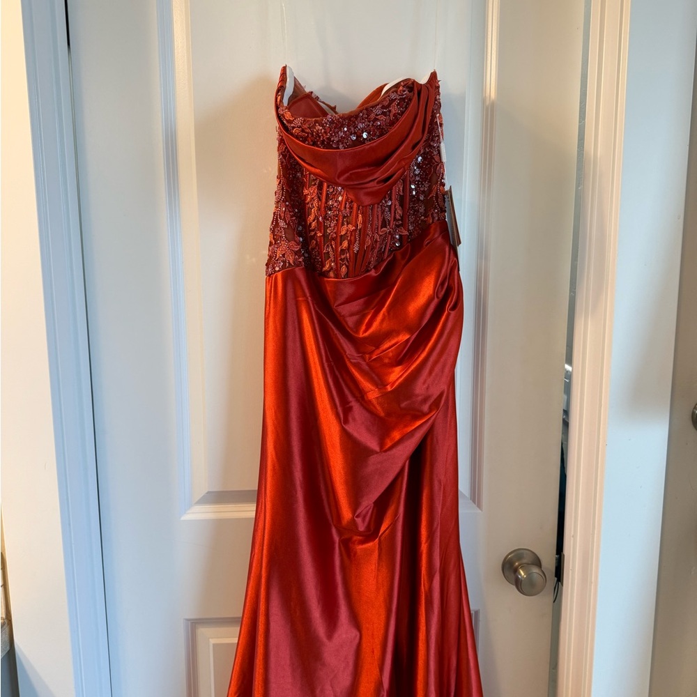 Stacees Mermaid Strapless Appliquéd Corset prom dress: rust